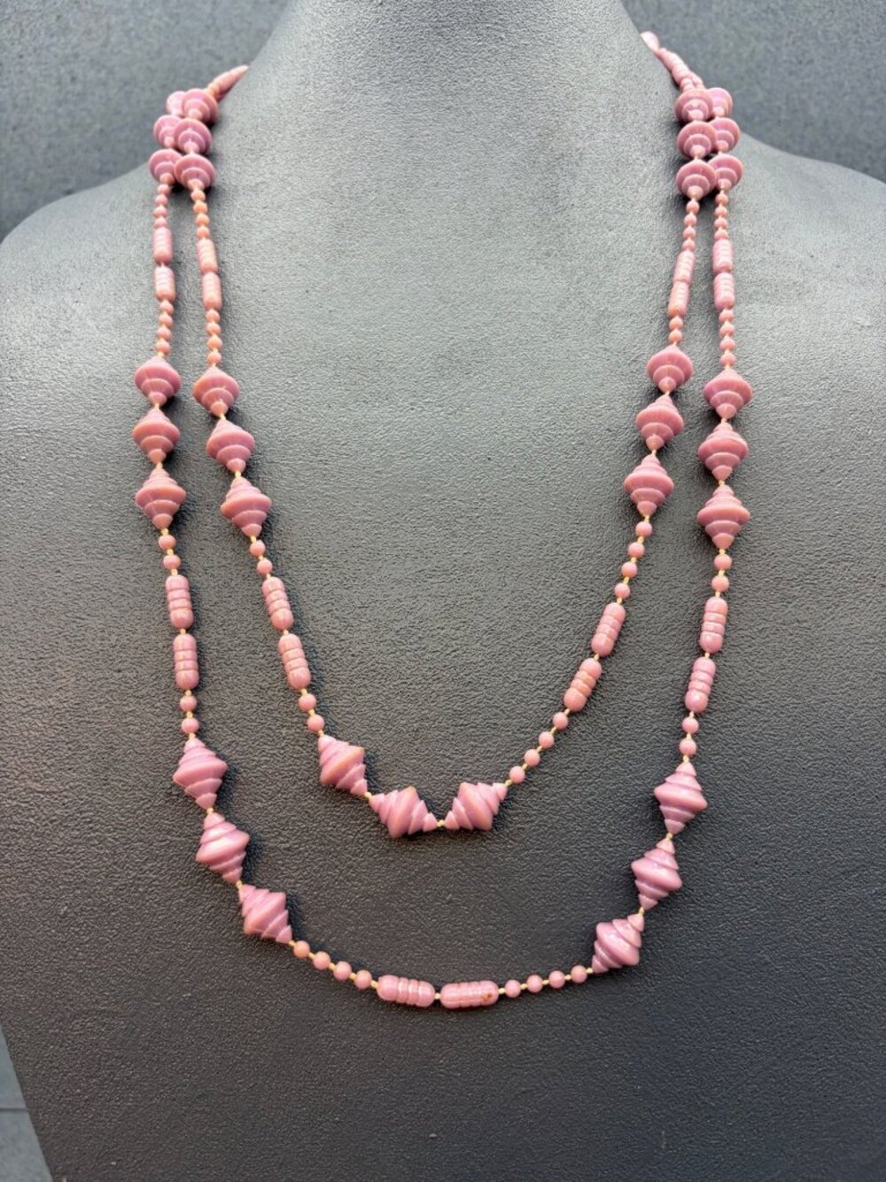 Vintage Long Beaded Necklace 58 In Pin Textured Spiral Round Beads Retro Hippie